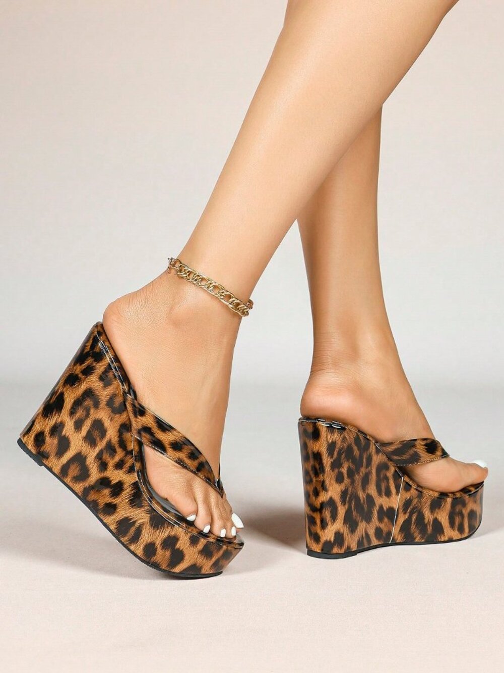 Brown Fashionable Women's Leopard Print Thick Wedge Sandals - Picture 1 of 4